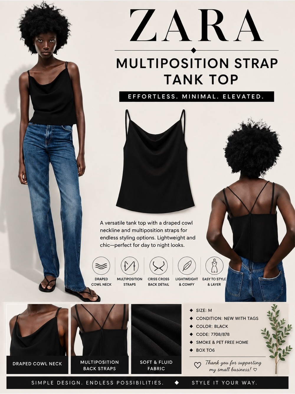 ZARA Black Multiposition Strap Cowl Neck Tank Top NWT M